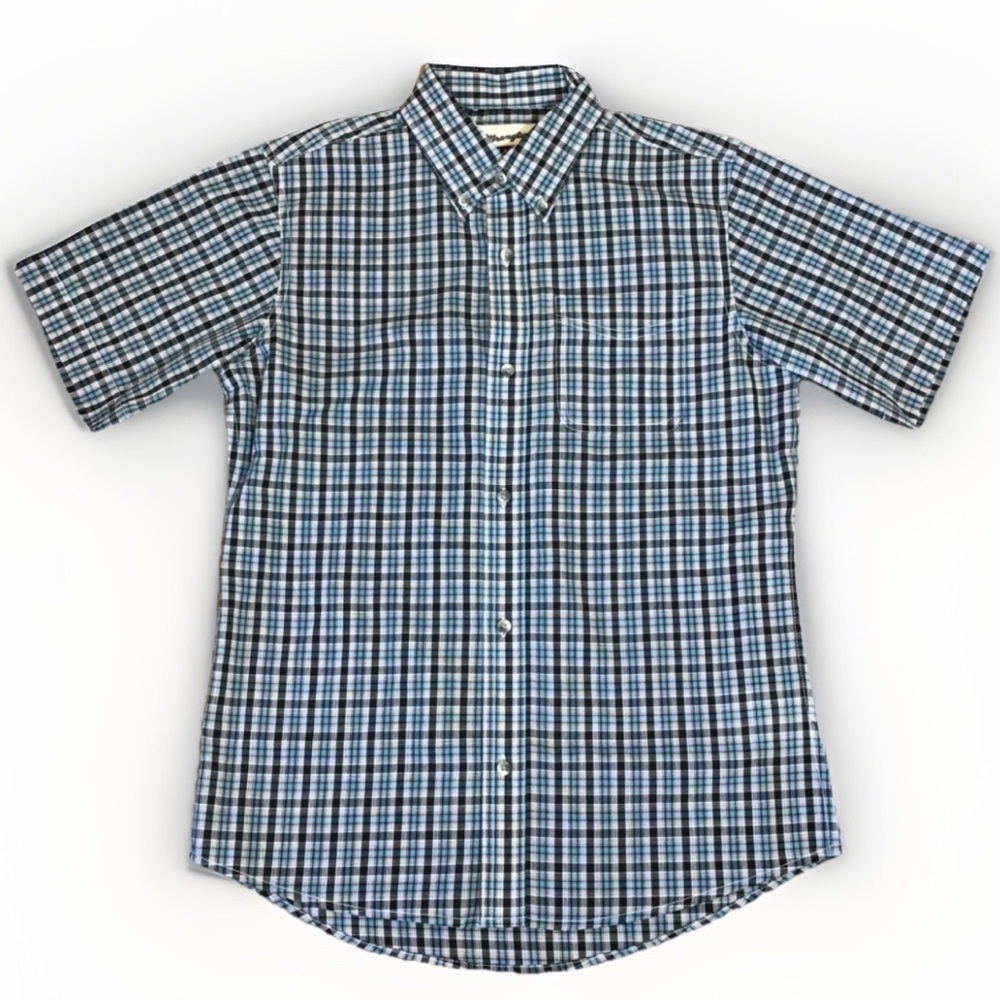 Wrangler Riata Button Up Shirt Boys Blue Plaid Short Sleeve